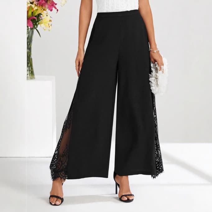 Elegant Lace Panel High Waisted Wide Leg Pants