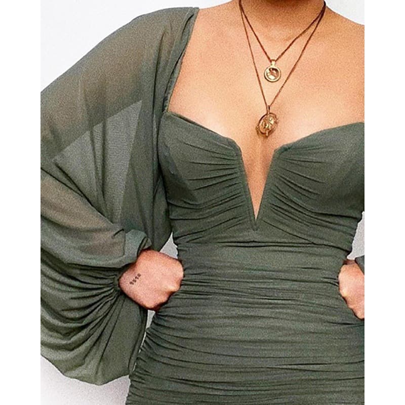 Chiffon Ruched Bodycon Dress with Lantern Sleeves