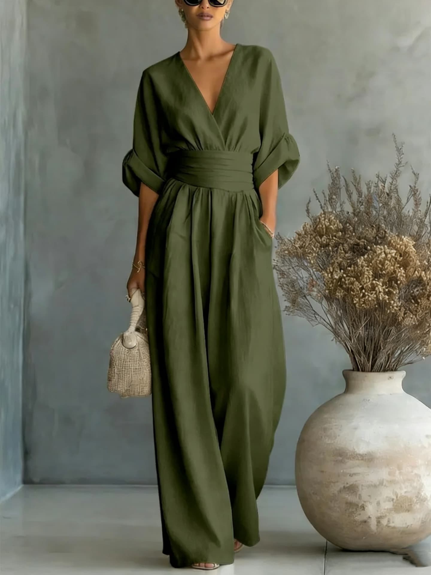 Chic V Neck Wide Leg Jumpsuit with Belt