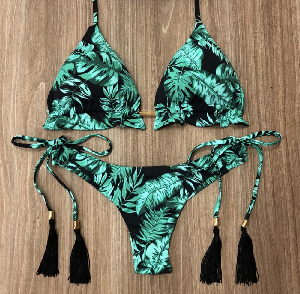 Tropical Leaf Print Bikini Set with Tassels