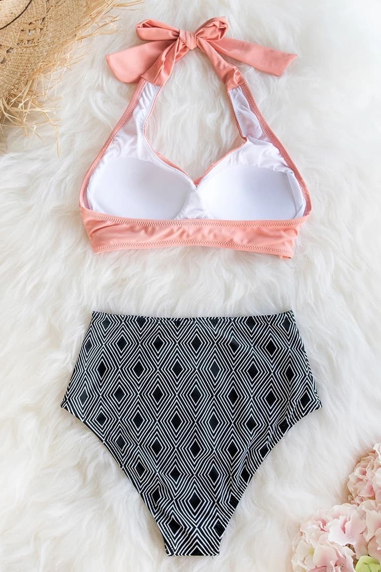 Twist Front Halter Bikini with High Waisted Geometric Bottoms