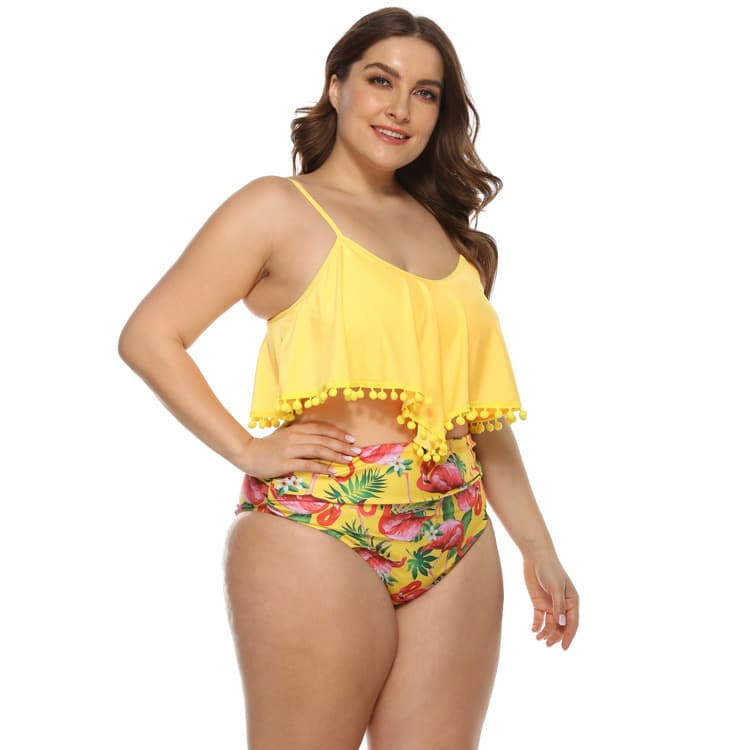 Plus Size Ruffle Top High Waisted Flamingo Print Bikini Set