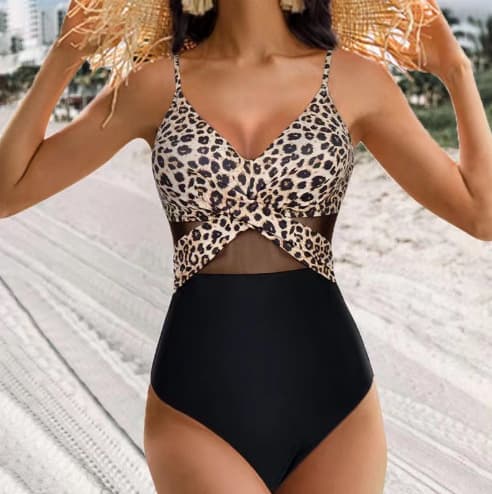 Halter Neck Mesh One Piece Swimsuit Tummy Control