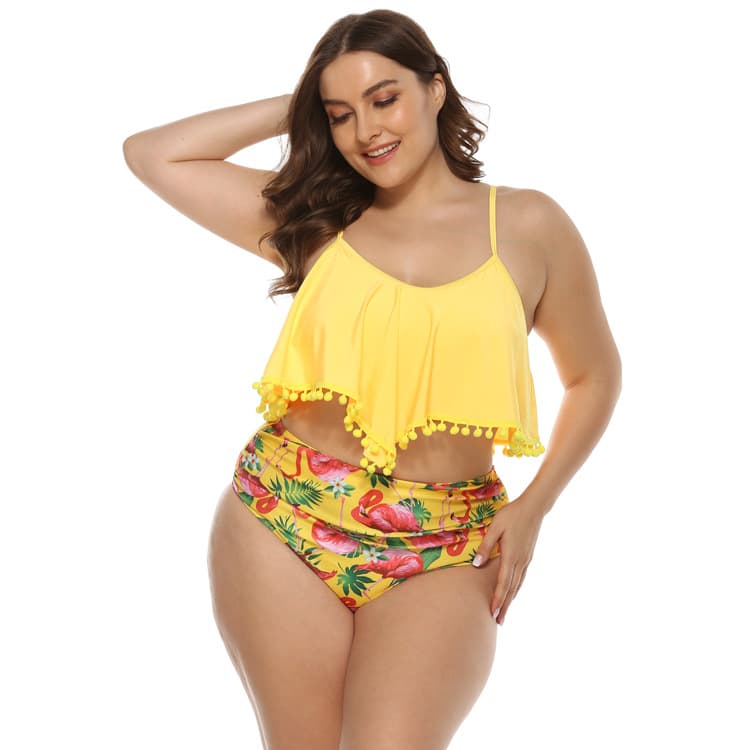 Plus Size Ruffle Top High Waisted Flamingo Print Bikini Set