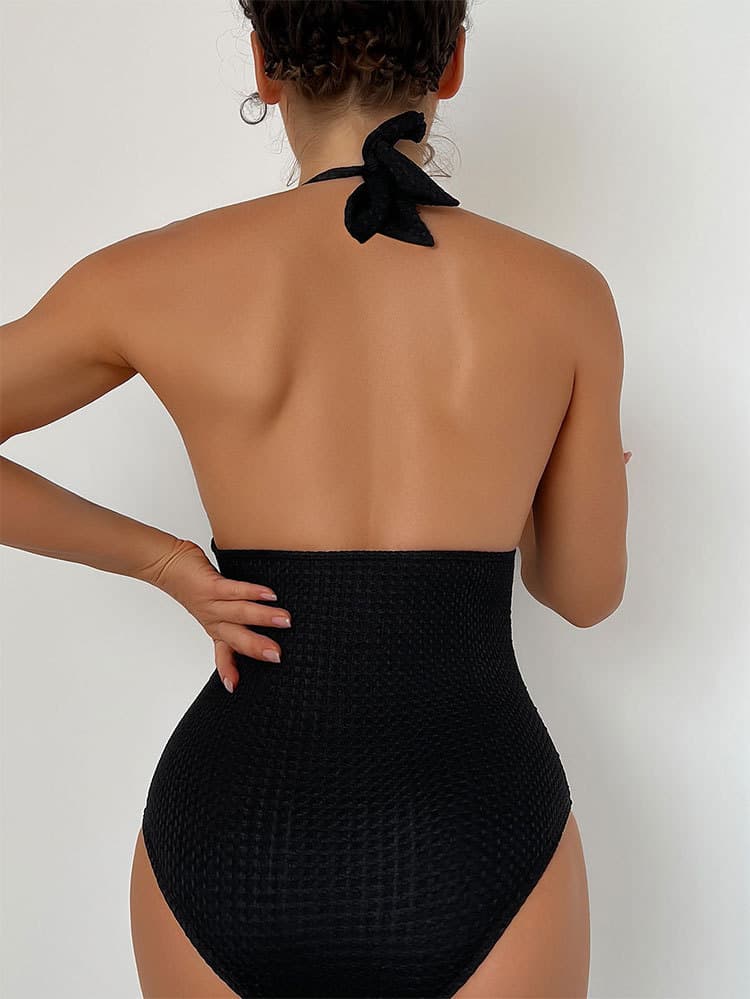 Chic One Piece Swimsuit Deep V Neck Textured High Waist Swimwear