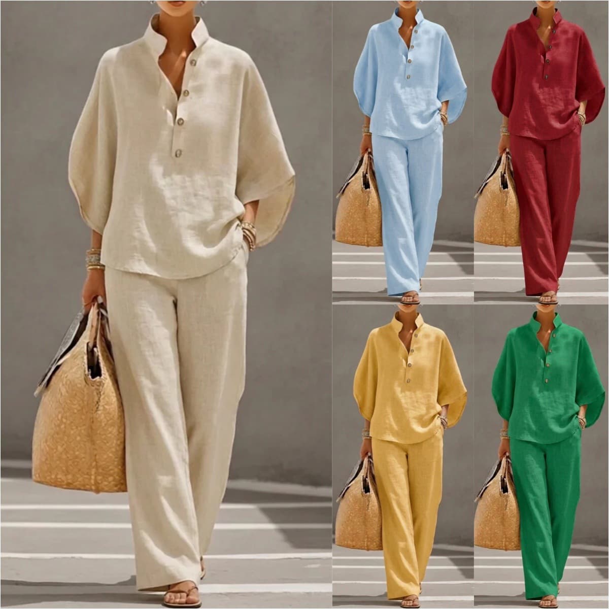 Loose Fit Blouse and Wide Leg Pants Two Piece Set