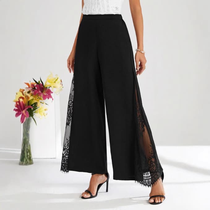 Elegant Lace Panel High Waisted Wide Leg Pants