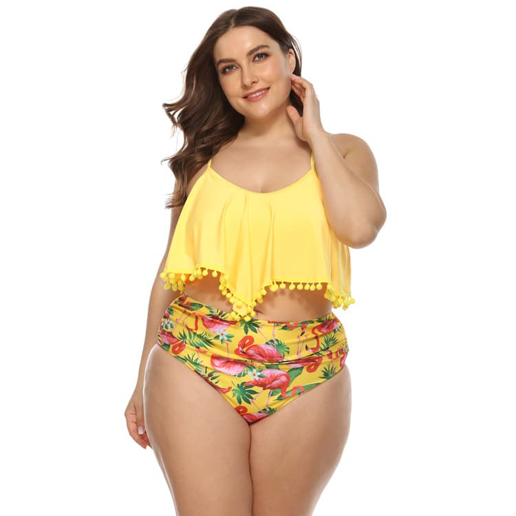 Plus Size Ruffle Top High Waisted Flamingo Print Bikini Set