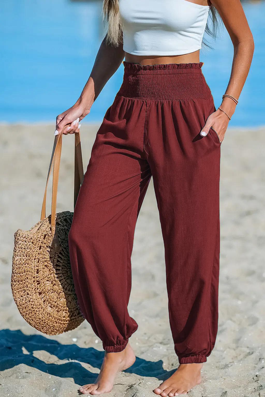 Loose Fit Beach Casual Ankle Tied Pants with Pockets
