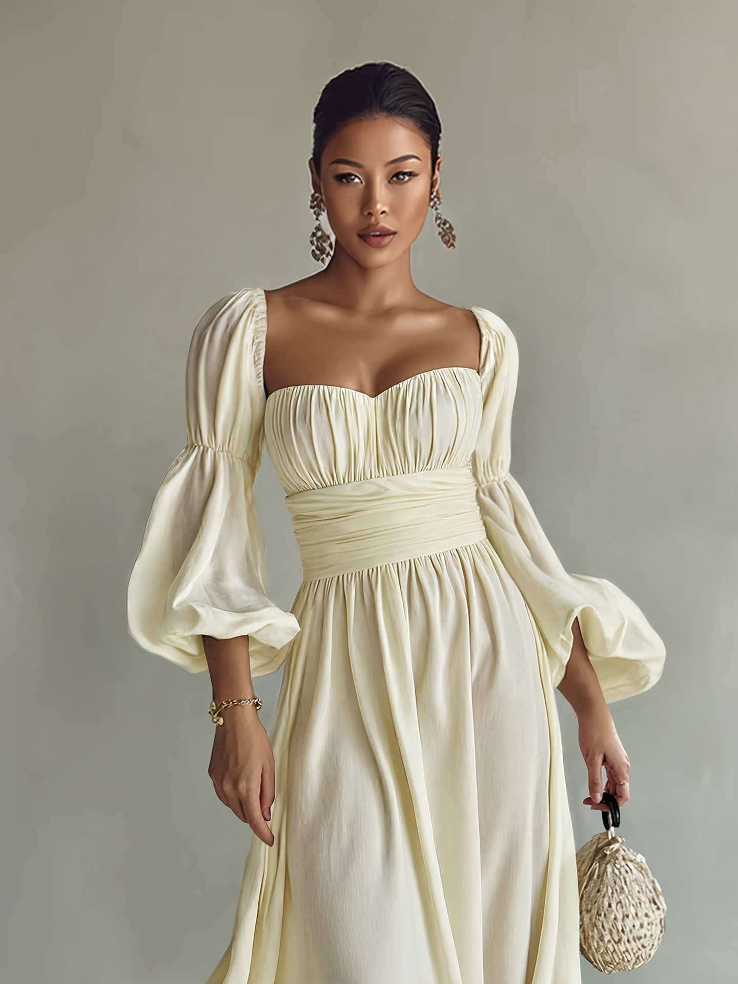 Elegant Puff Sleeve Ruched Waist Maxi Dress
