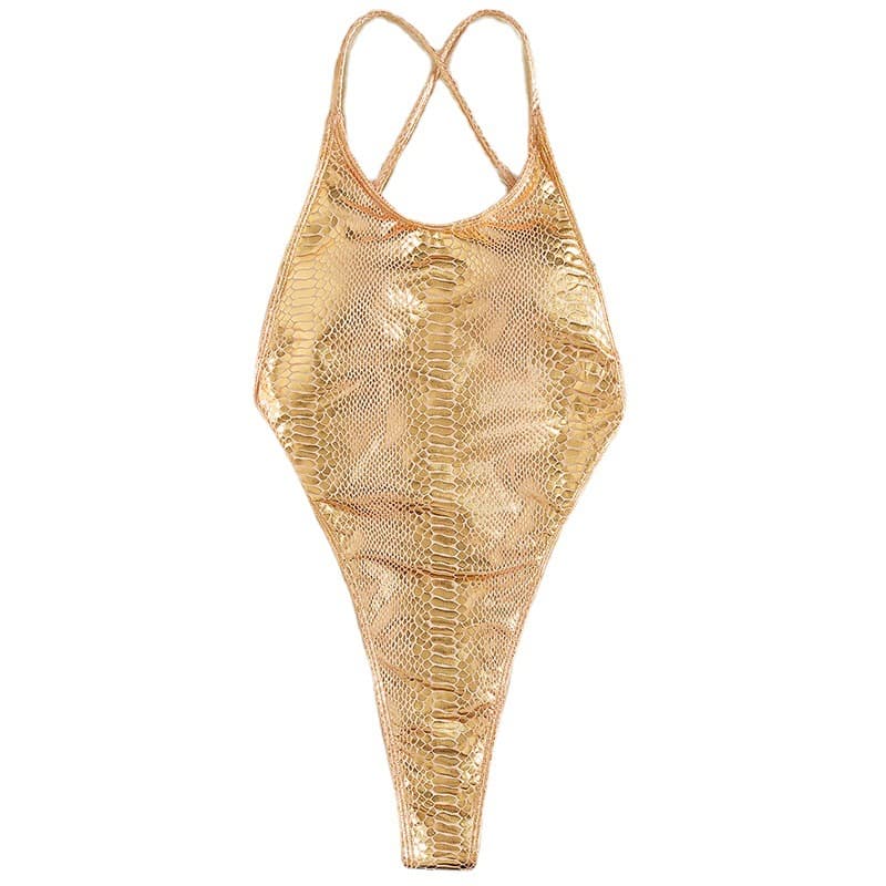 Gold Shimmer One Piece Thong Swimsuit with Backless Design