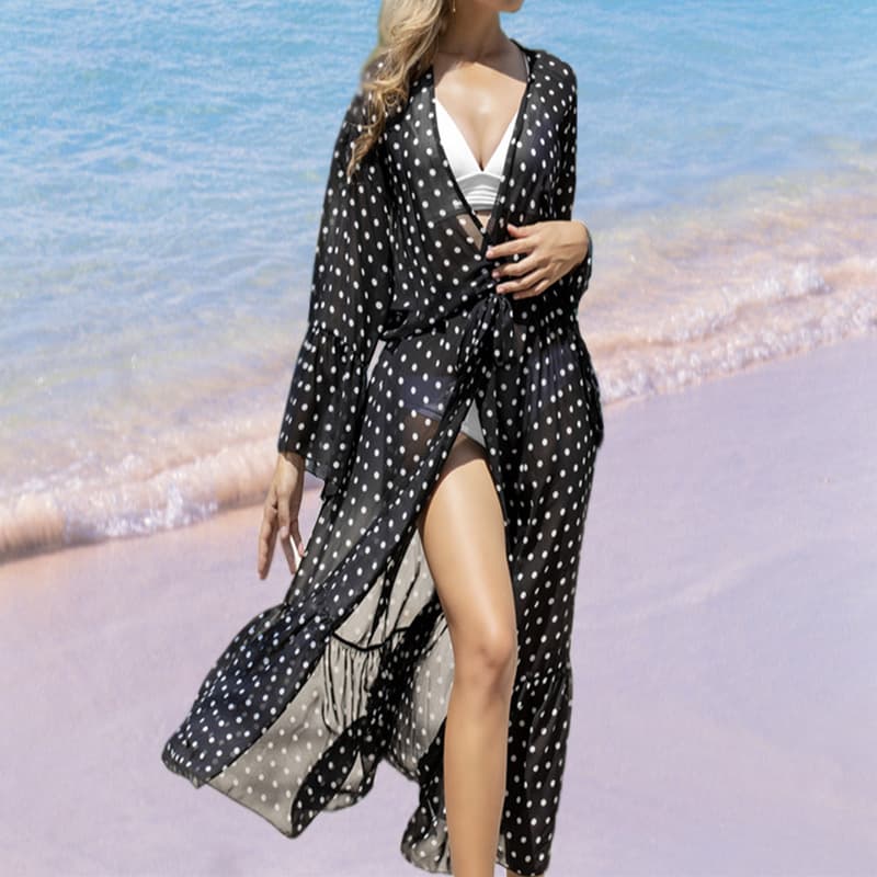 Polka Dot Long Sleeve Beach Cover Up Dress