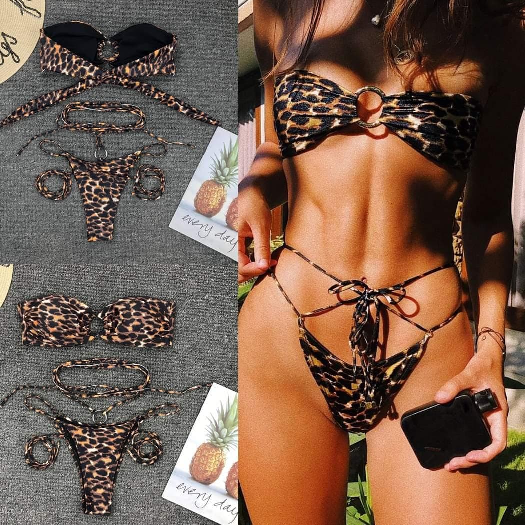 Leopard Print Bandeau Bikini Set with O Ring Detail