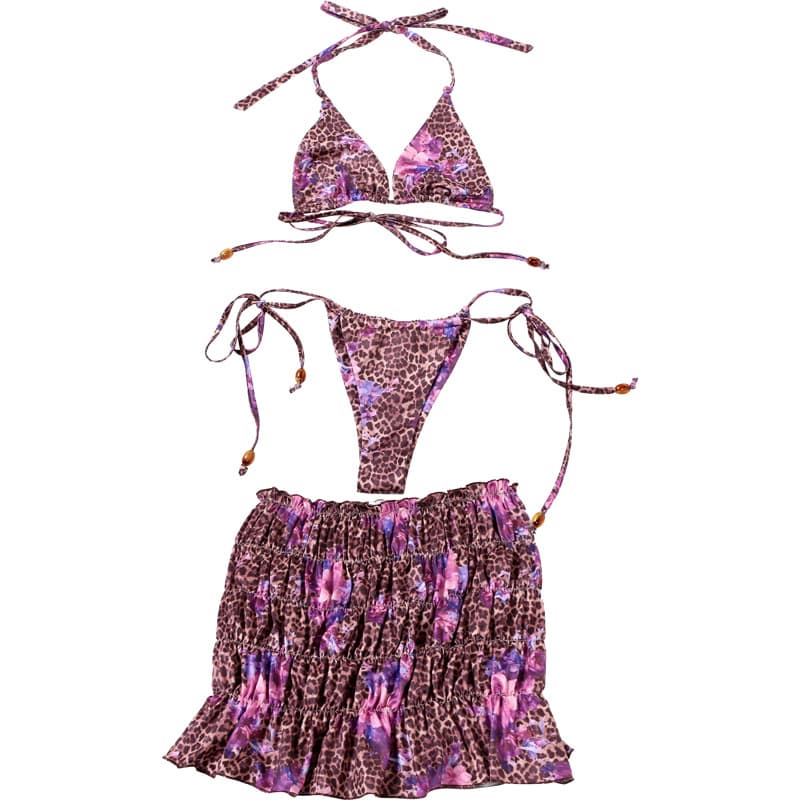 Summer Leopard Print Bikini with Lace Up Skirt 3 Piece Set