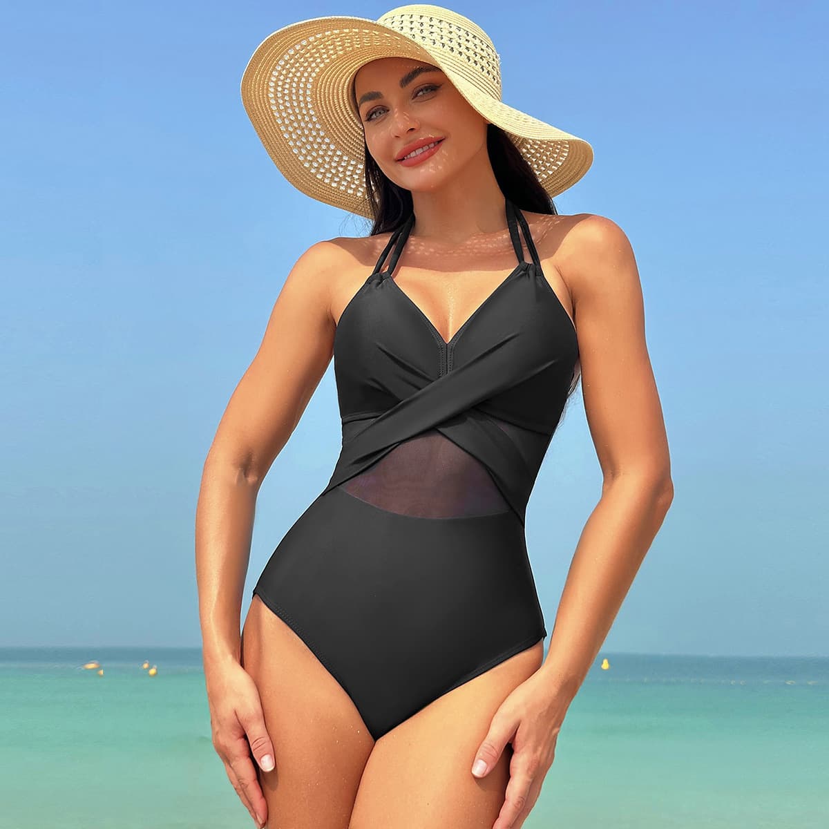 Halter Neck Mesh One Piece Swimsuit Tummy Control