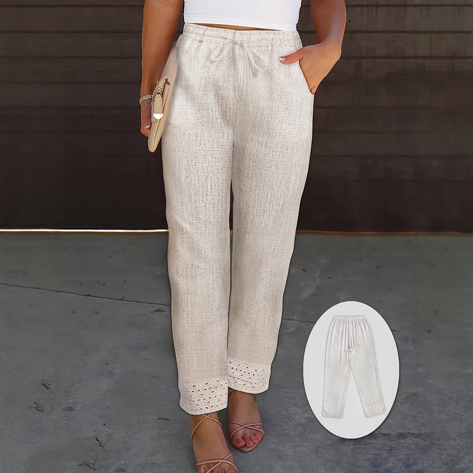 Lace Patchwork Cropped Pants with Elastic Waist