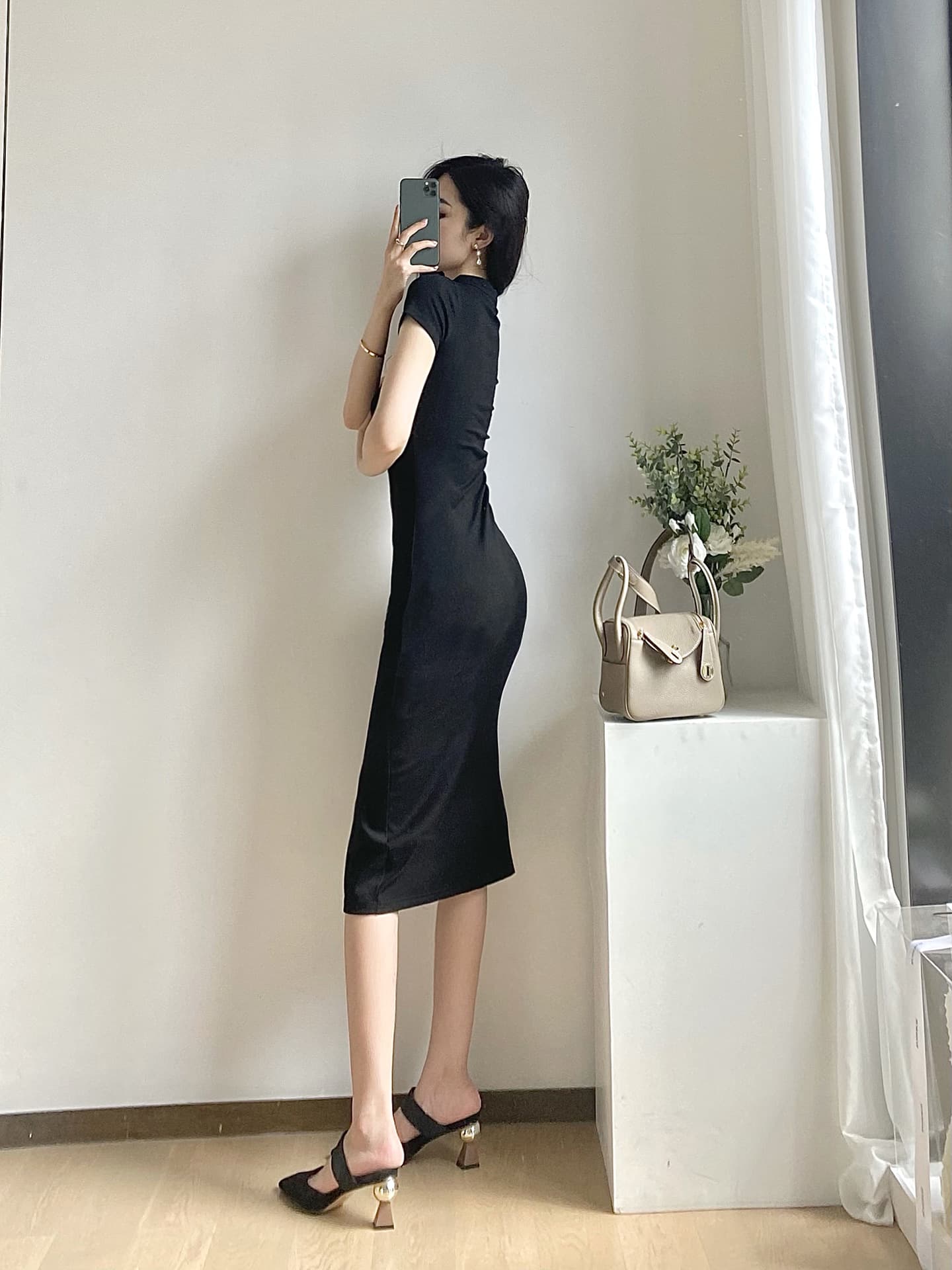 Black Ruched Bodycon Midi Dress with Side Slit & Mandarin Collar