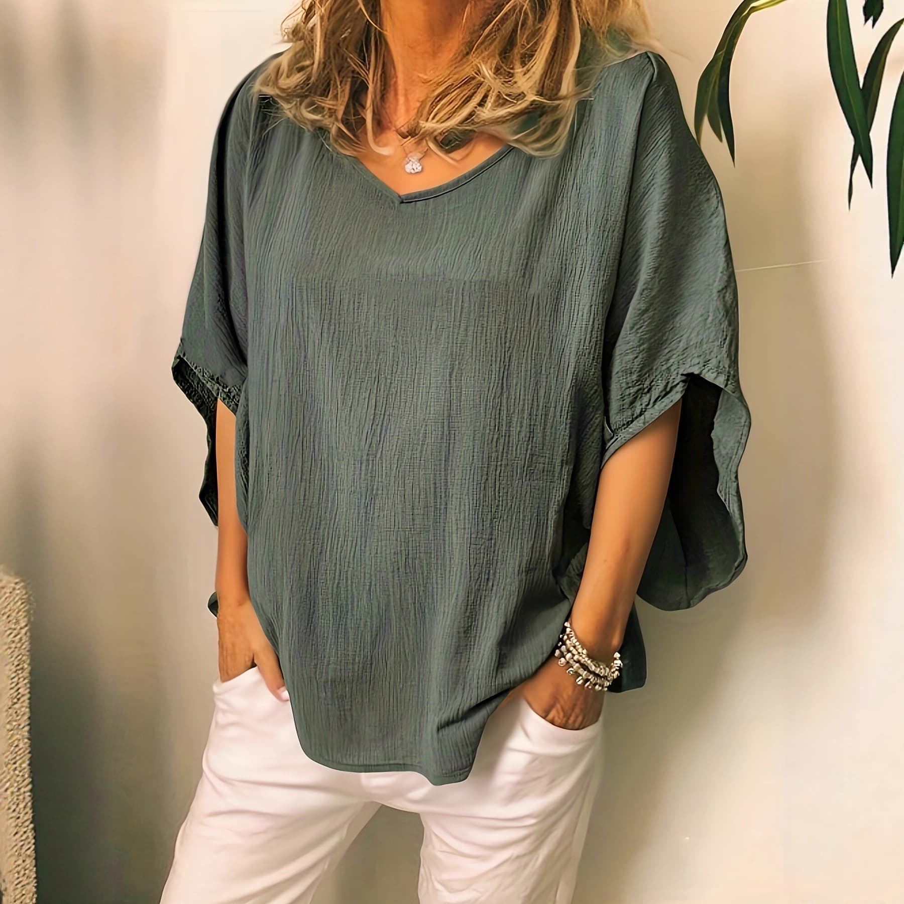 Versatile Cotton Linen Batwing Top for Women