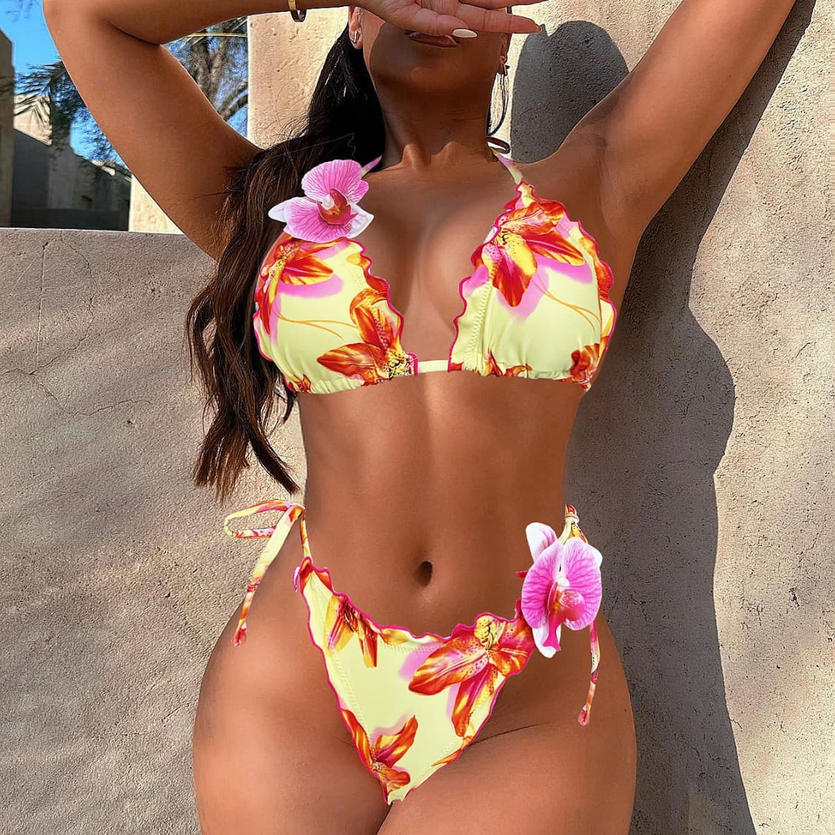 Floral Ruffle Trim Thong Bikini Set with Hip Ties