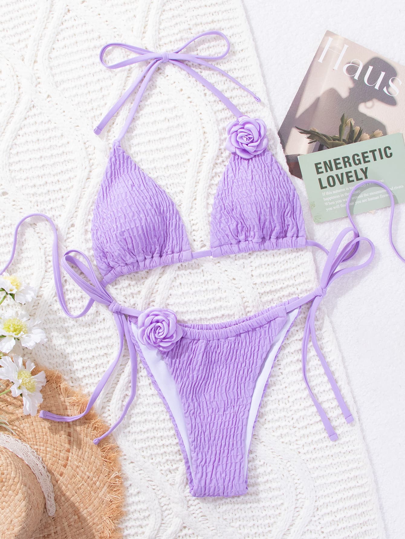 3D Floral Bikini Set Side Tie Thong Swimsuit