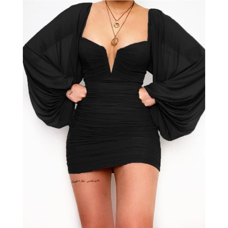 Chiffon Ruched Bodycon Dress with Lantern Sleeves