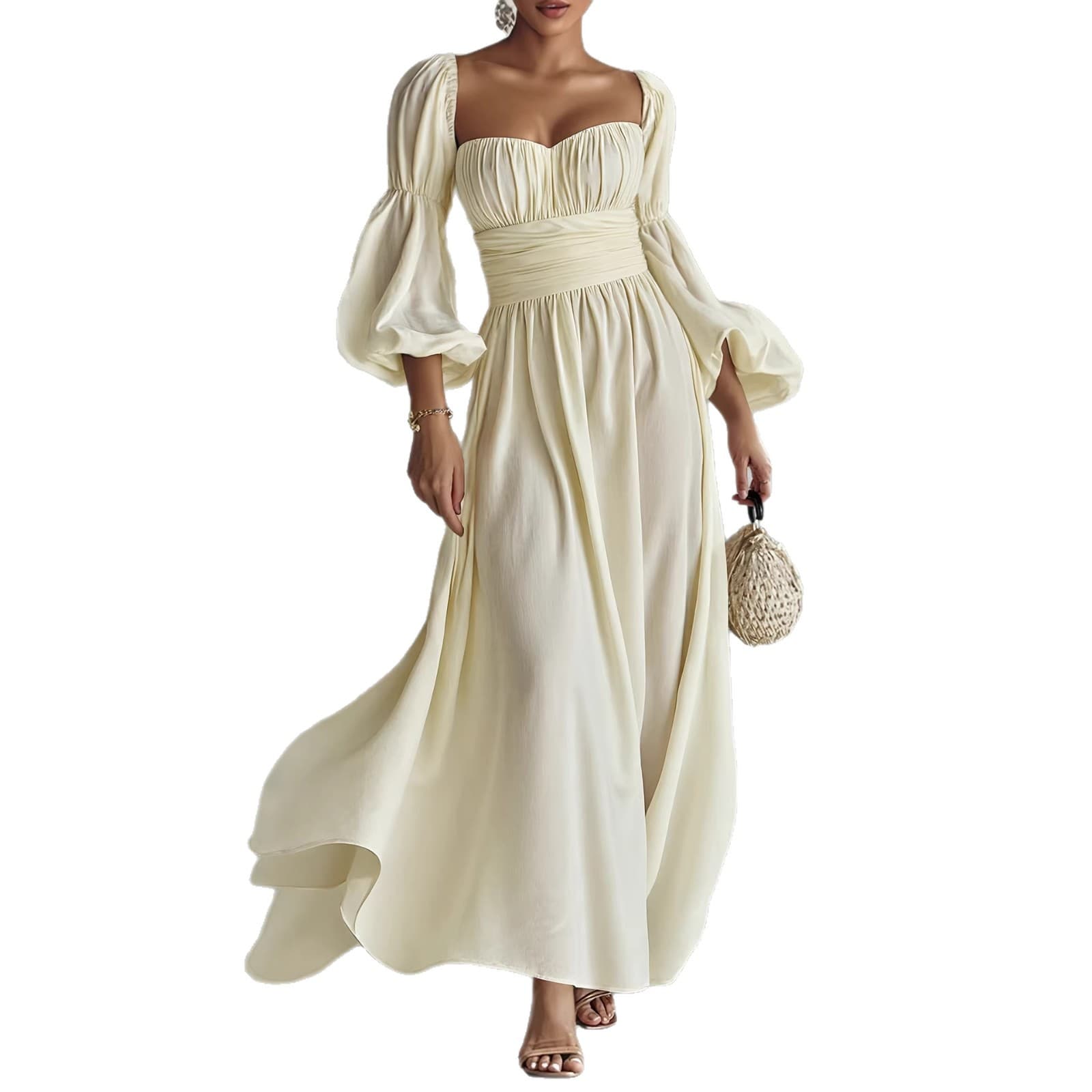 Elegant Puff Sleeve Ruched Waist Maxi Dress