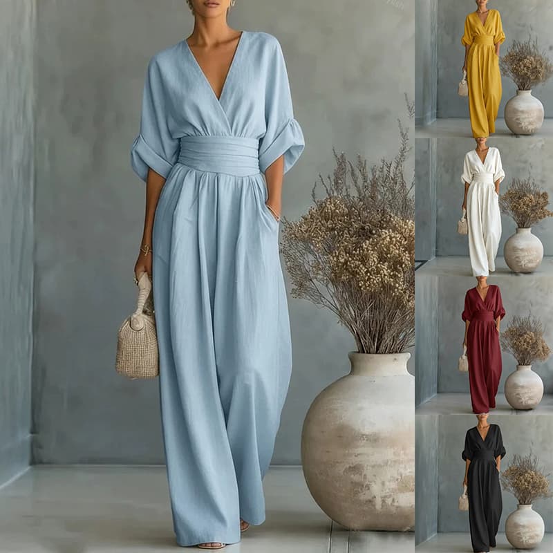 Chic V Neck Wide Leg Jumpsuit with Belt