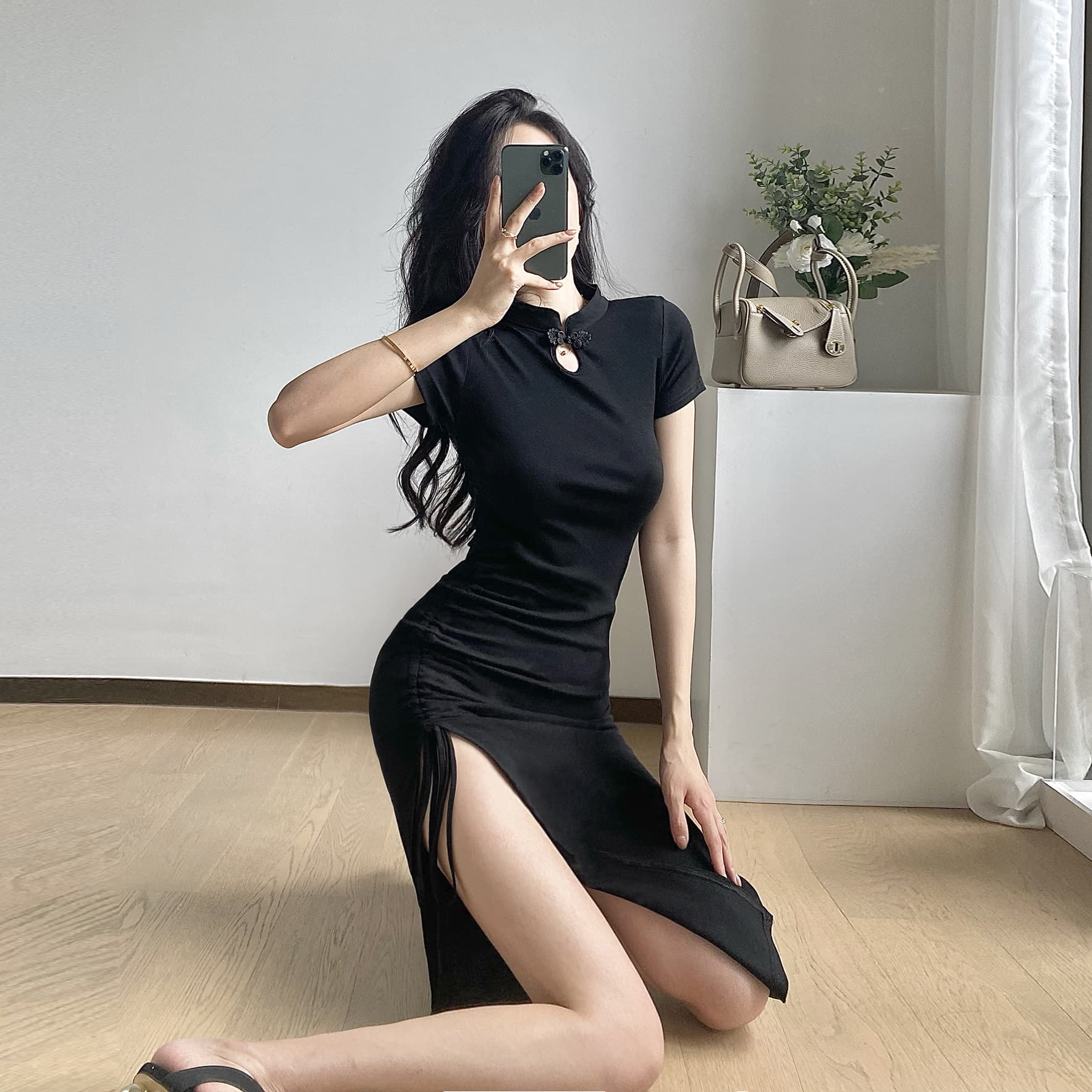 Black Ruched Bodycon Midi Dress with Side Slit & Mandarin Collar