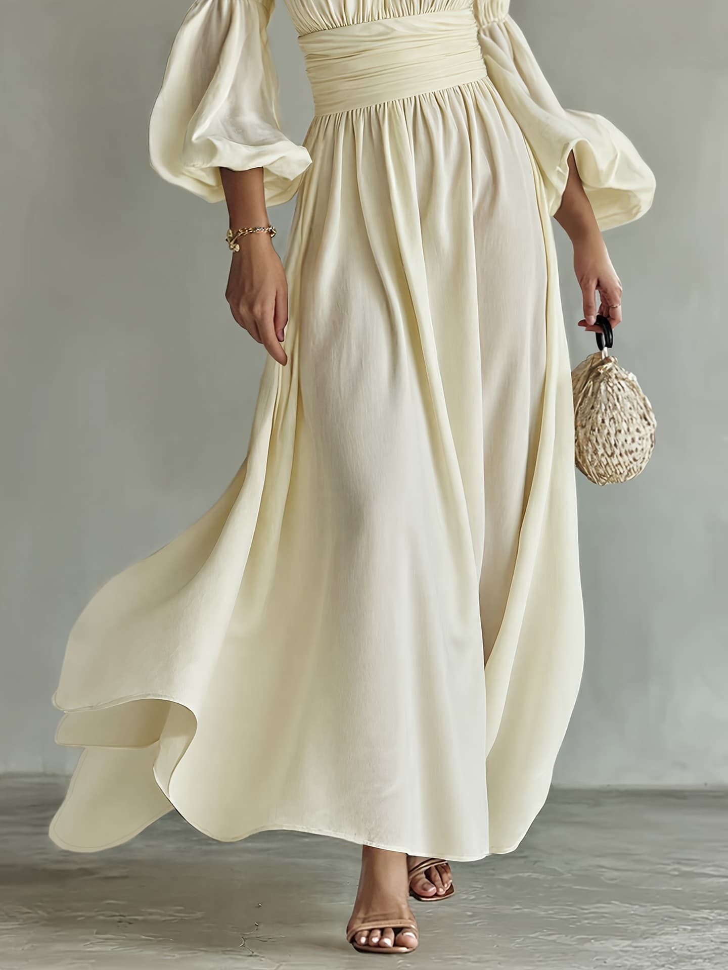 Elegant Puff Sleeve Ruched Waist Maxi Dress