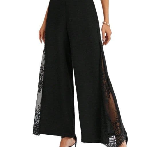 Elegant Lace Panel High Waisted Wide Leg Pants