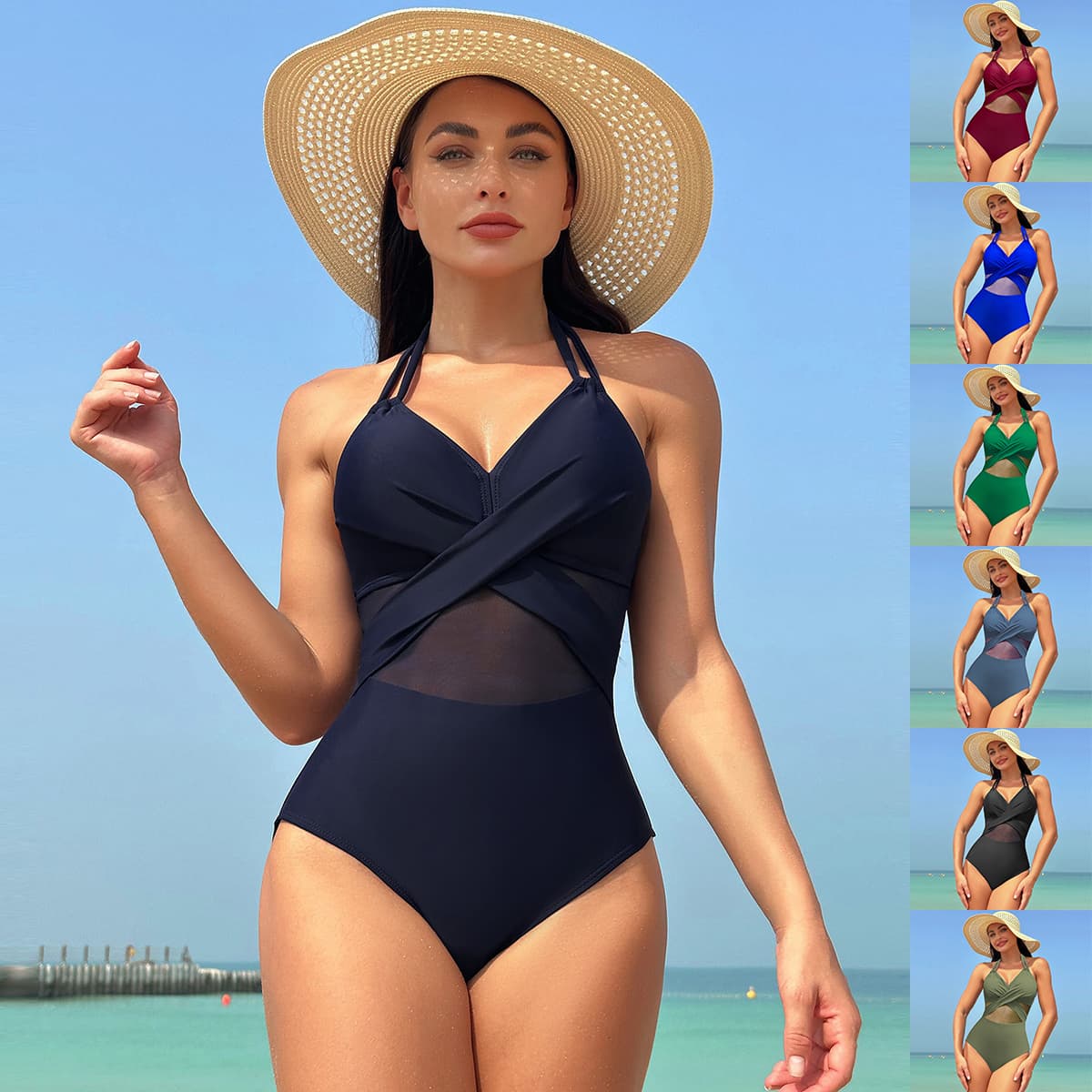 Halter Neck Mesh One Piece Swimsuit Tummy Control