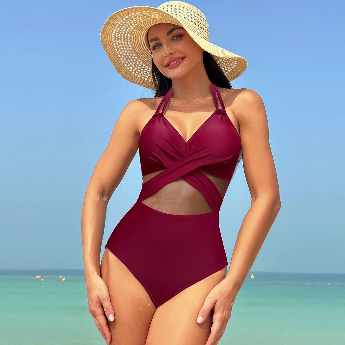 Halter Neck Mesh One Piece Swimsuit Tummy Control