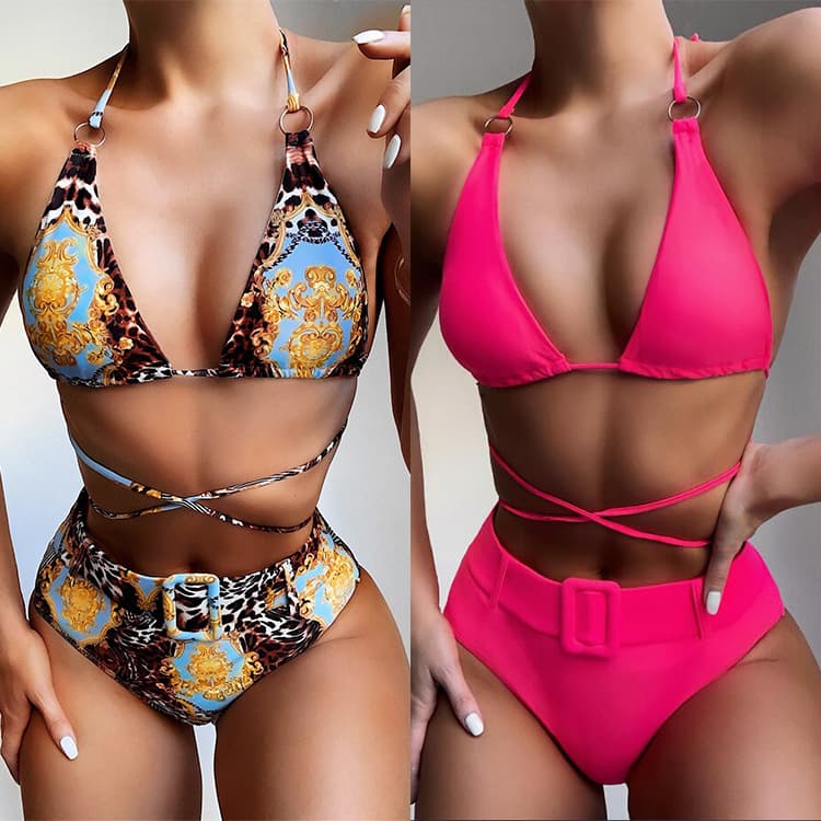 Halter Neck High Waisted Bikini Swimsuit with Tie Details