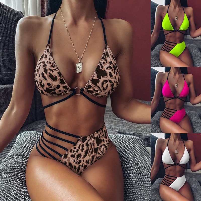 Neon Halter Bikini Set with Cutout Straps