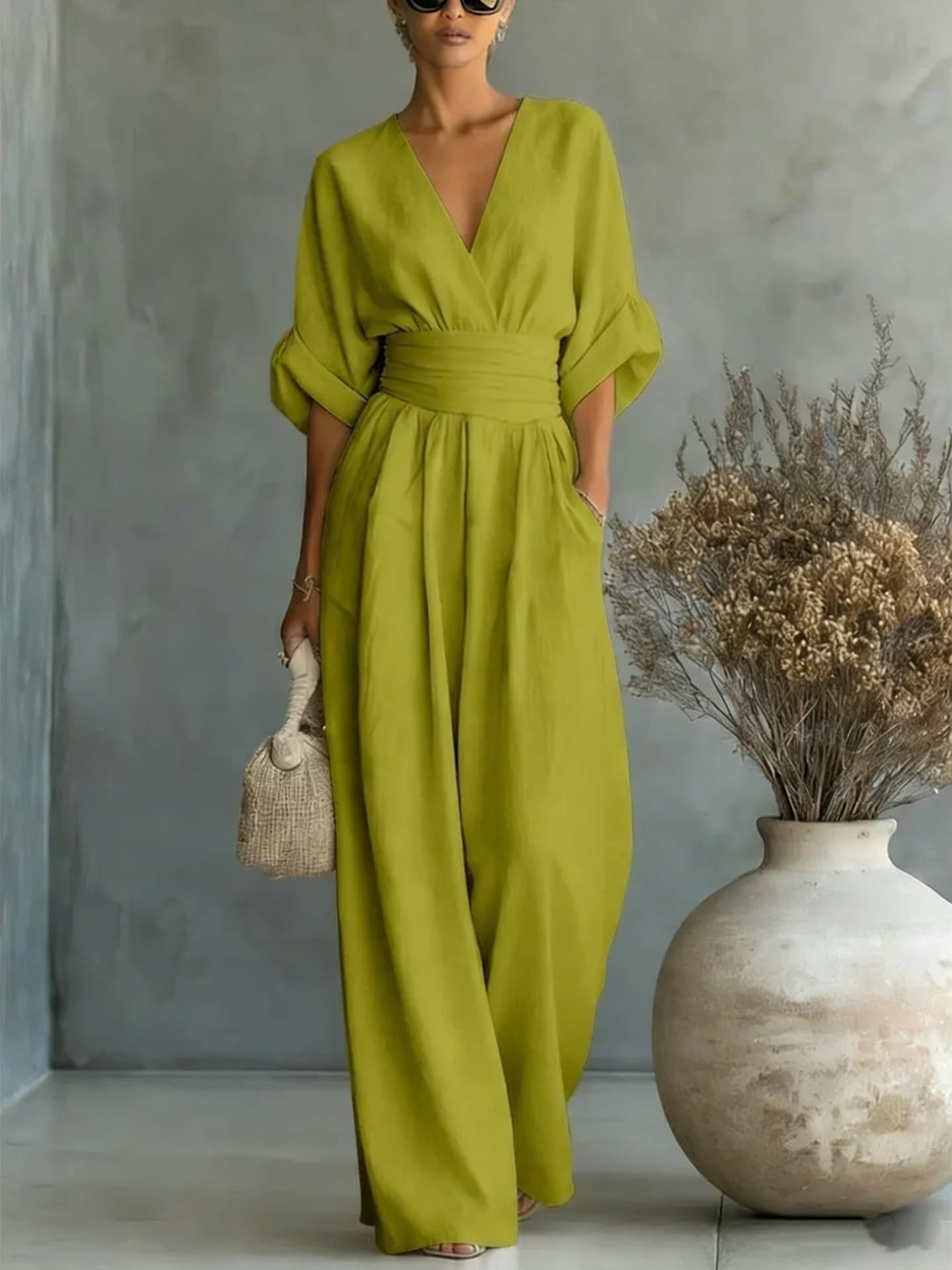 Chic V Neck Wide Leg Jumpsuit with Belt