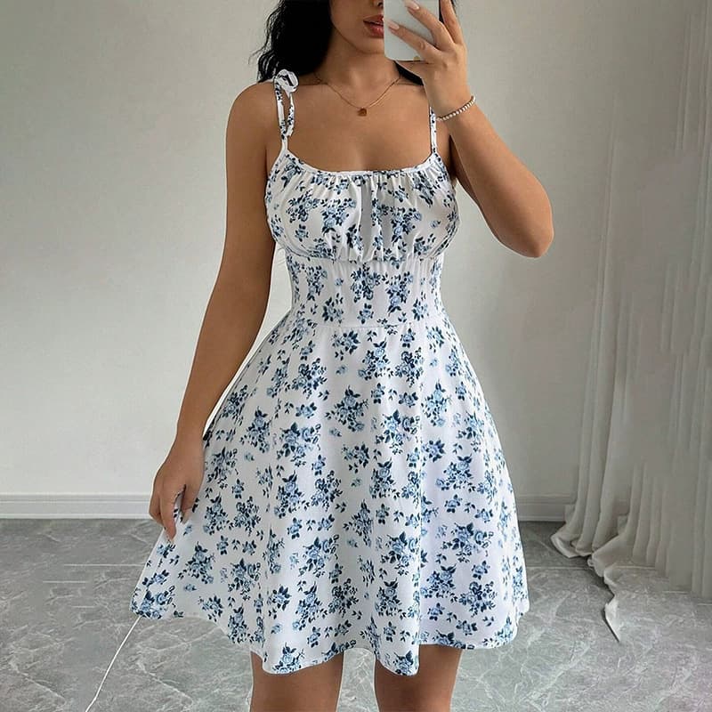 Floral A Line Mini Dress with Sweetheart Neckline