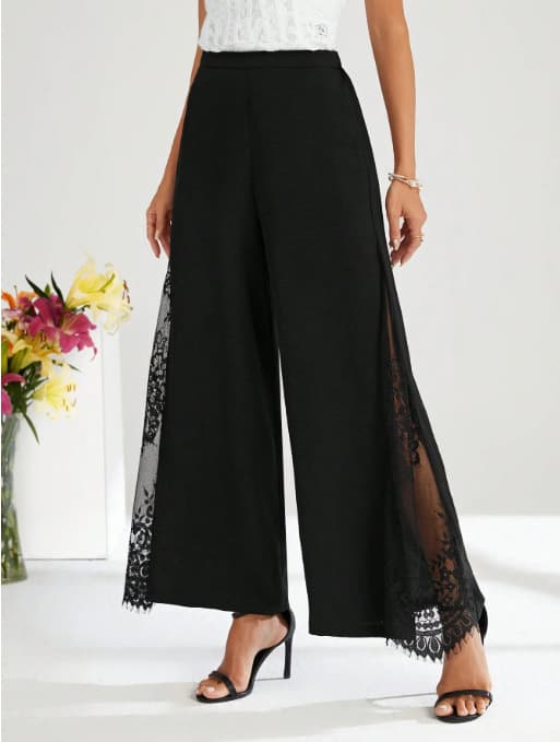 Elegant Lace Panel High Waisted Wide Leg Pants