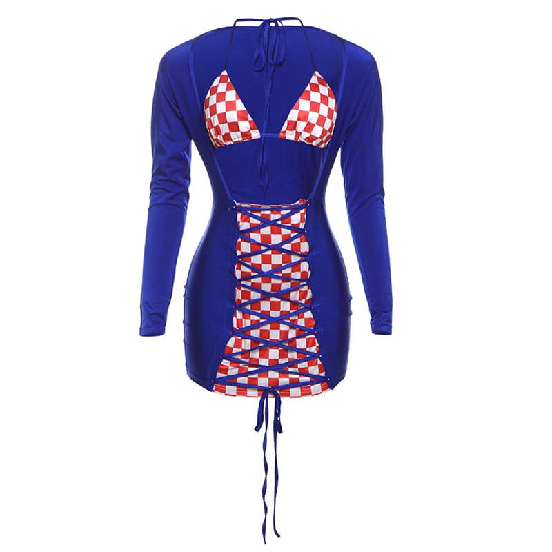 Plaid Tie Front Mini Dress and Bikini Set