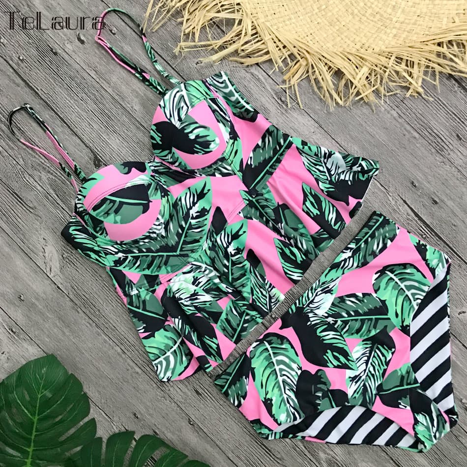 Floral High Waisted Bikini Set with Push Up Top