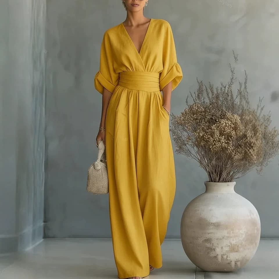 Chic V Neck Wide Leg Jumpsuit with Belt