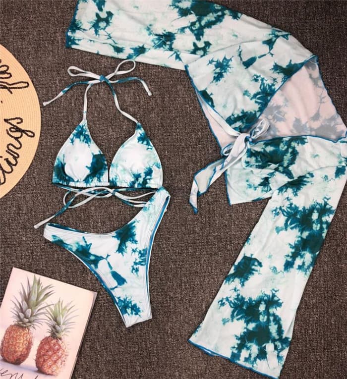 Leopard Print Halter Bikini with Mesh Long Sleeve Cover Up