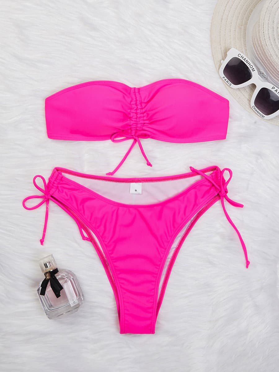 Drawstring Tube Bikini Set Hot Pink Summer Swimsuit