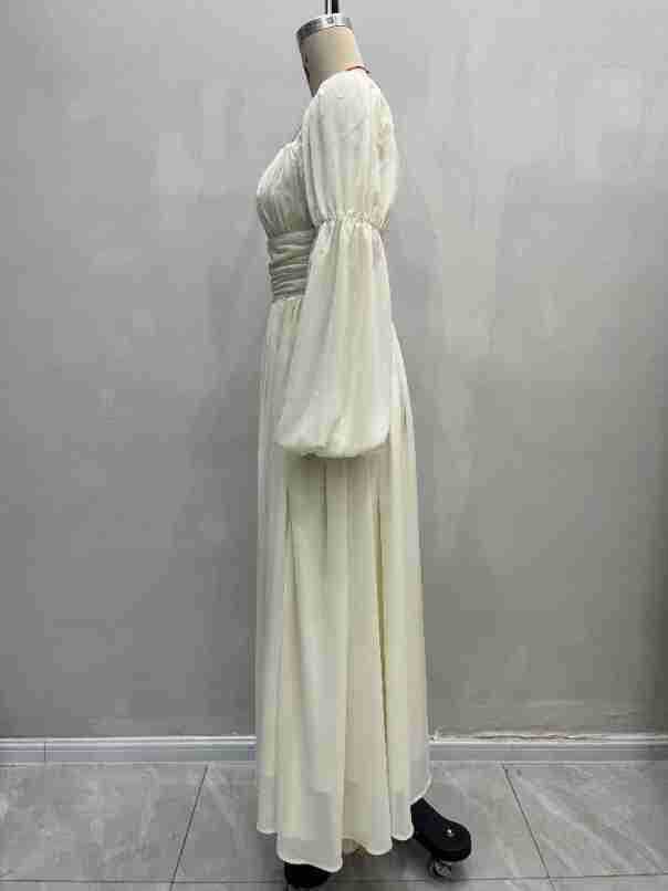 Elegant Puff Sleeve Ruched Waist Maxi Dress