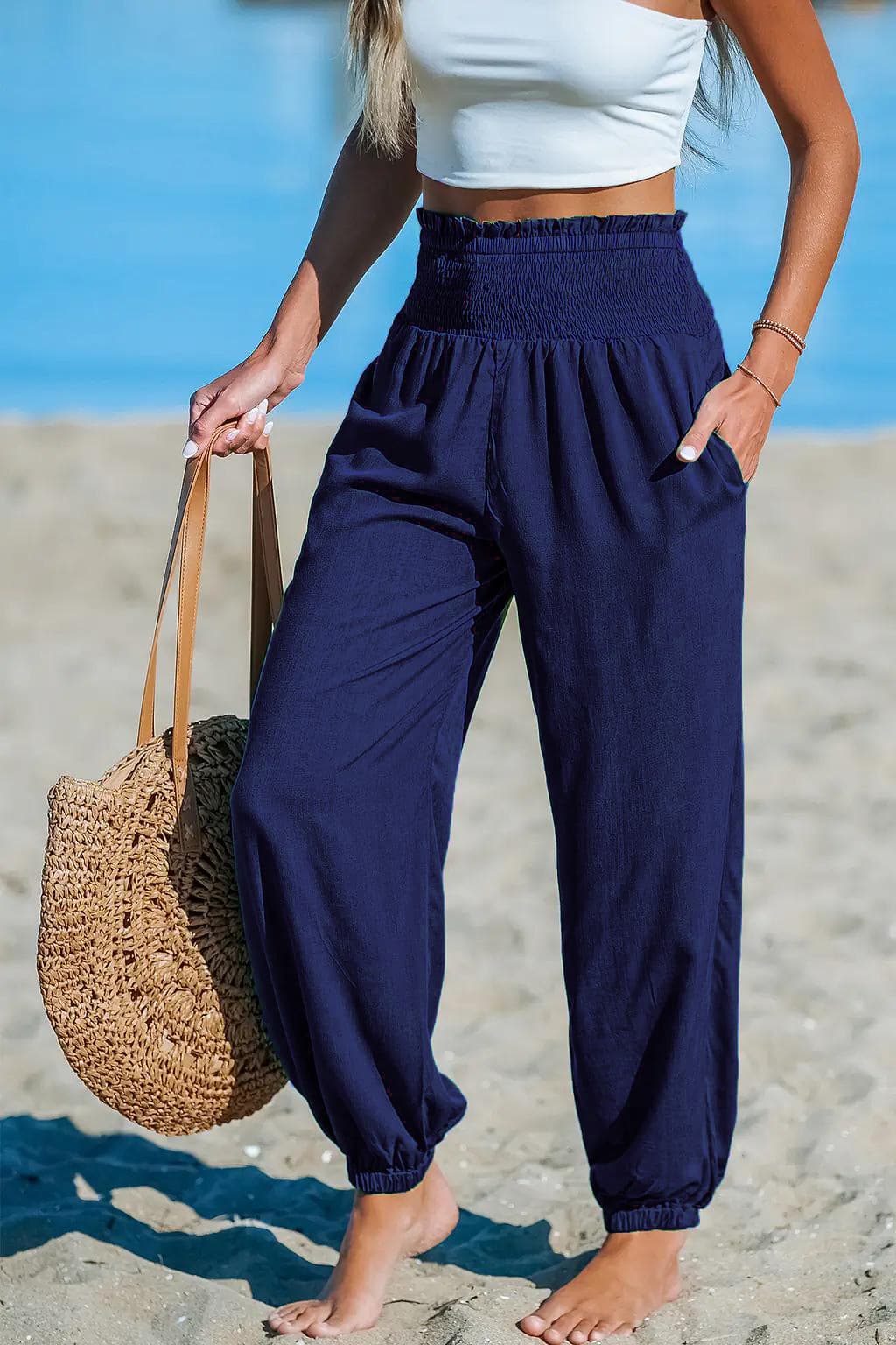 Loose Fit Beach Casual Ankle Tied Pants with Pockets
