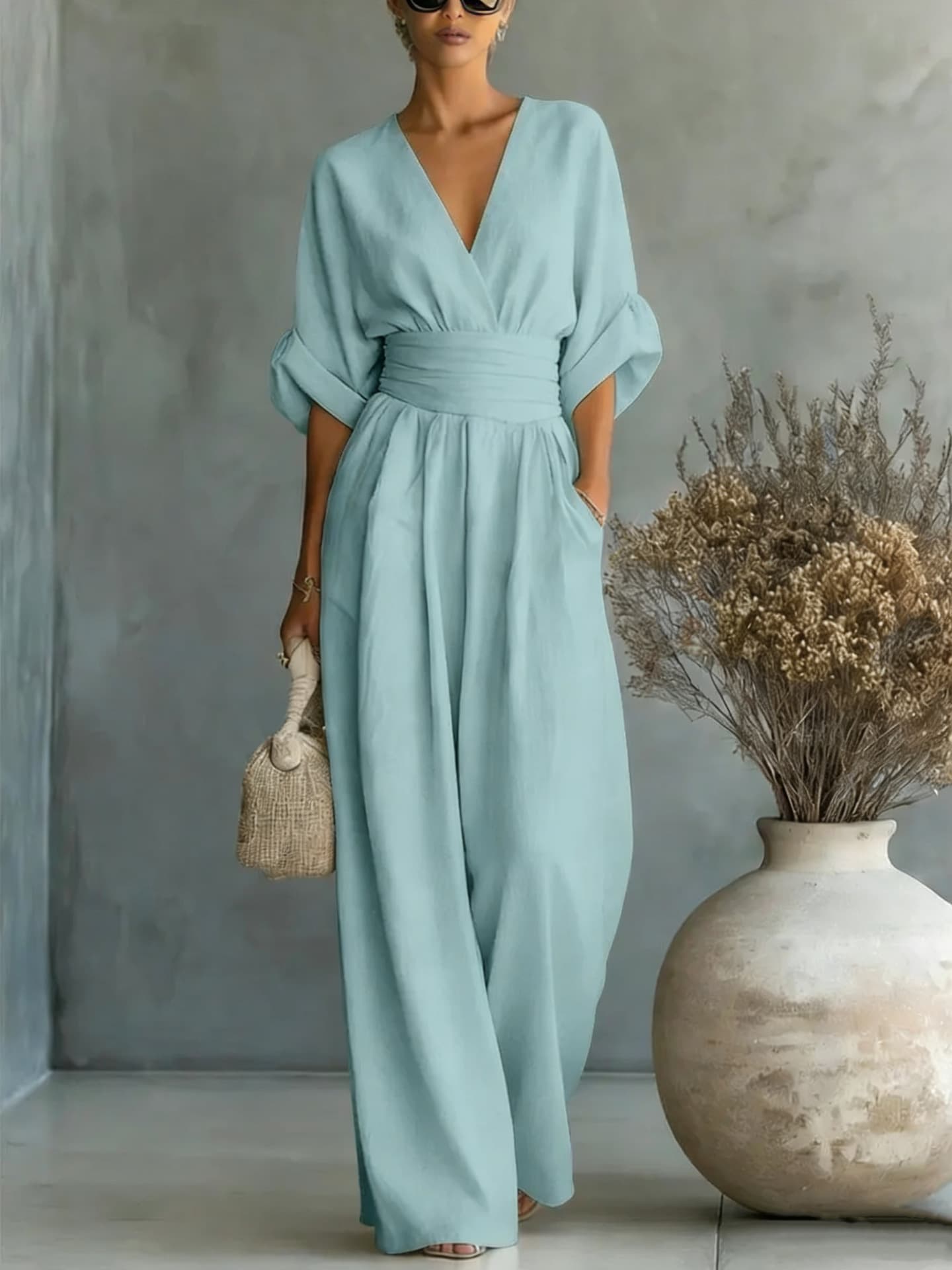 Chic V Neck Wide Leg Jumpsuit with Belt