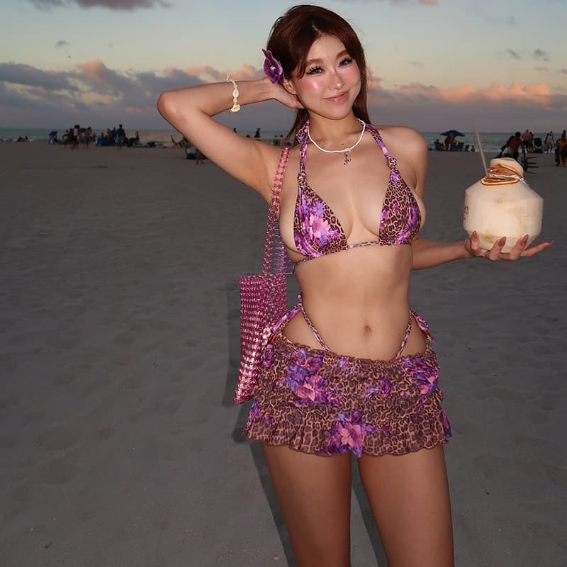 Summer Leopard Print Bikini with Lace Up Skirt 3 Piece Set