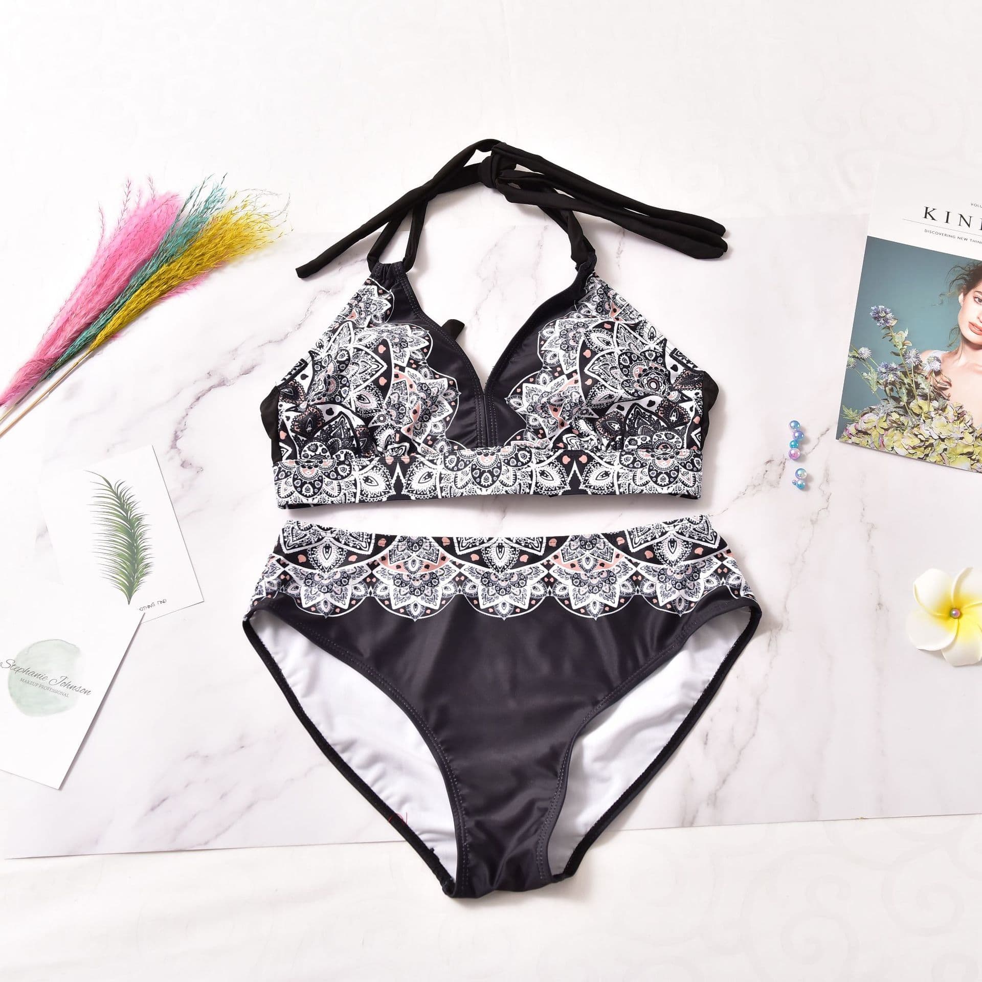 Printed High Waisted Bikini Set with Halter Top