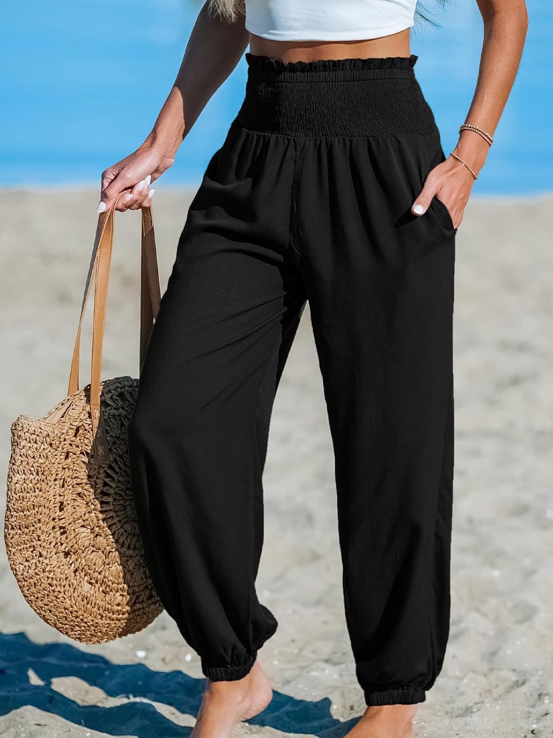 Loose Fit Beach Casual Ankle Tied Pants with Pockets