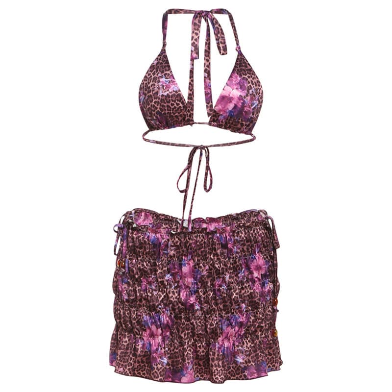 Summer Leopard Print Bikini with Lace Up Skirt 3 Piece Set