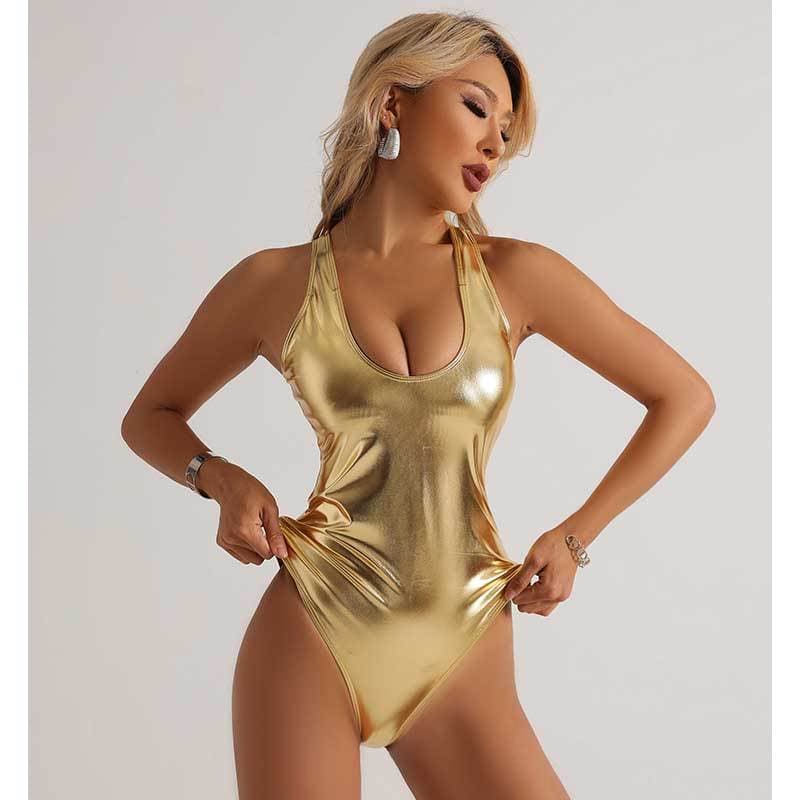 Metallic One Piece Swimsuit Deep V Gold Swimwear